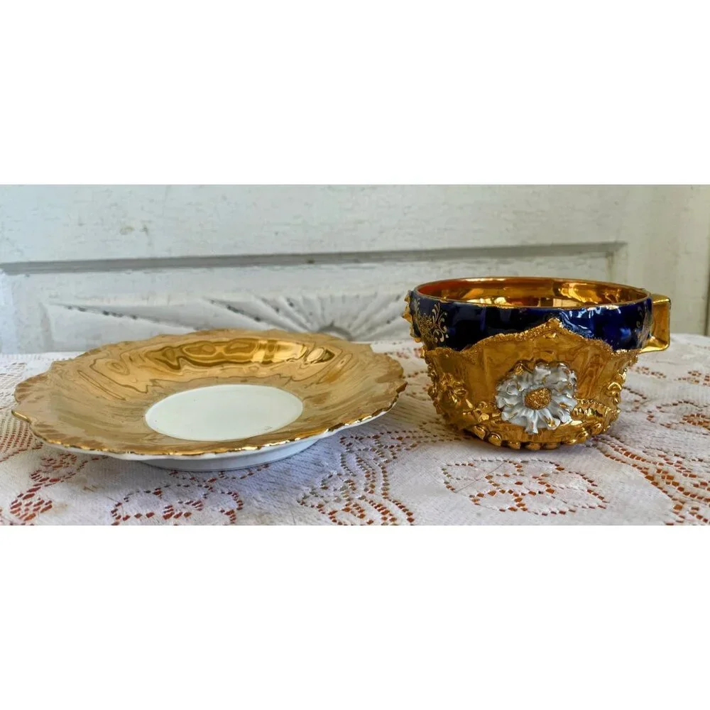 Antique German Porcelain Teacup Saucer Heavy Gold Cobalt Blue 3D Flower - Picture 8 of 16